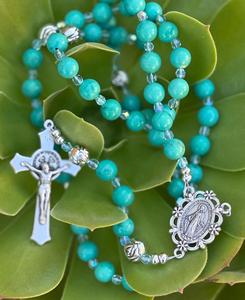 Collier de <span class=keywords><strong>prière</strong></span> vintage en perles de chapelet catholique turquoise avec crucifix en argent et médaille miraculeuse - Product Image 4