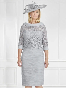 Mumuleo Vente en gros de robes de mère argentées en dentelle Robes de mère de la mariée Longueur au genou Manches 3/4 Costume de mère pour la fête 2024 - Product Image 6