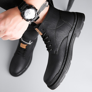 Bottes Martin pour hommes, à bout rond, talon plat, en cuir véritable, imperméables, semelle extérieure en caoutchouc, à lacets, style uni, automne-hiver - Product Image 3