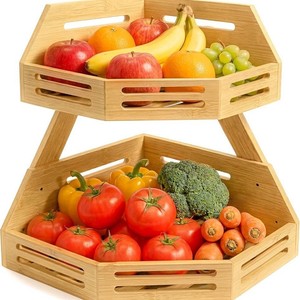 Estante de Almacenamiento de Frutas y Verduras de Bambú de Doble Capa, Organizador de Cocina de Esquina, Estante de Madera Apilable para Uso Doméstico - Product Image 1