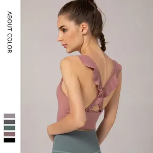 Atasan Yoga Ruffle Seksi Gym Pakaian Olahraga Rompi Ketat Fitness Olahraga Tank Top Wanita Pakaian Tanpa Lengan Berlari Yoga Bra