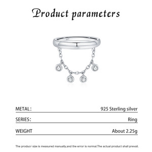 S925 Silver <b>Ring</b> With Round <b>Crystal</b> Drops Chain Minimalist Design Unisex Everyday Wear Sparkling Dangling Chain Promise <b>Ring</b> - Product Image 2