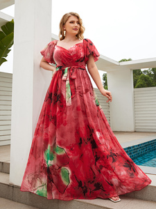 Robe en mousseline élégante et gracieuse à manches lanternes, col en V, imprimé numérique à l'aquarelle florale coupée au hasard, avec ceinture - Product Image 4