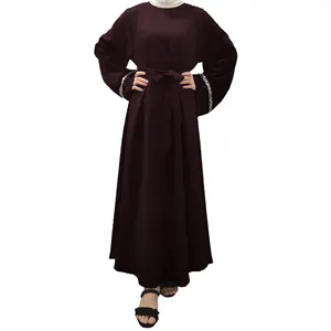 Elegant Abaya Dubai Turkey Ribbon Solid Color Simple Modest Long Sleeve With Belt Islamic Clothing Muslim Dresses For Women