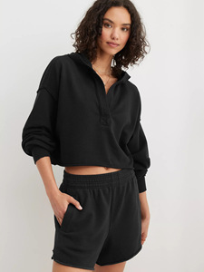 <span class=keywords><strong>Sudadera</strong></span> con capucha personalizada con cuello en V, estilo Henley, con costuras expuestas y dobladillo sin rematar, top holgado informal para mujer - Product Image 5