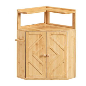 Mueble Esquinero de Bambú Estilo Boho con Puertas Talladas Geométricas, Estante de Especias de 2 Niveles para Encimera de Cocina, para Café - Product Image 2