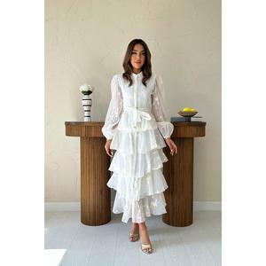 Robe de mariée élégante en mousseline de soie blanche brodée, à col montant, coupe trapèze, ceinturée, style vintage, respirante - Product Image 5