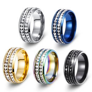 Trendiger 8MM Breiter Anlauffreier Silber 18K Gold PVD-Beschichteter Edelstahl Voll-Kristall Zirkon <span class=keywords><strong>Ring</strong></span> Schmuck für Damen und Herren - Product Image 1