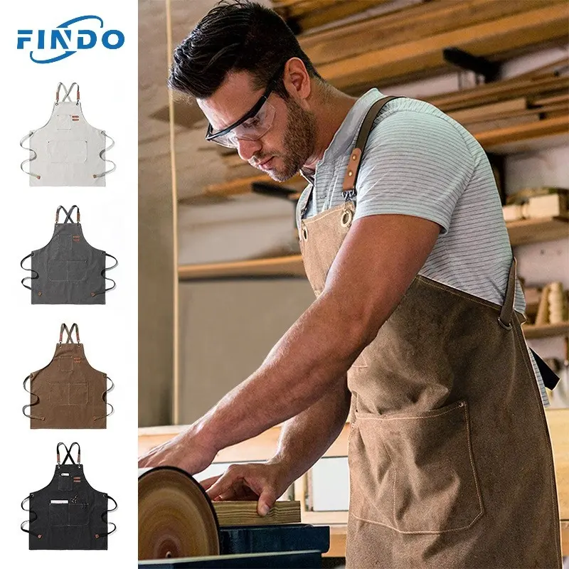 Heavy Duty Coffee Shop Restaurant Barber Work Uniform Tool Belt Cotton Denim Canvas Leather Strap Bib Garden BBQ Aprons