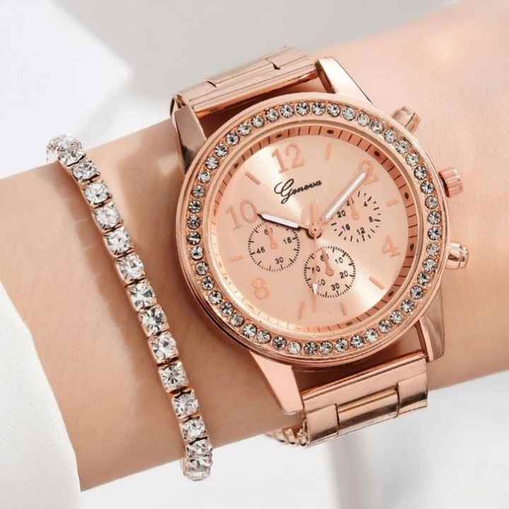 5pcs/set Steel Strap Women's Watch Three Eyes Women's Casual Korean Quartz Watch Suit (orange Box)