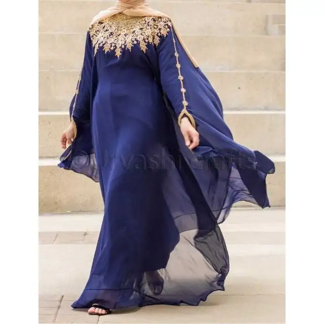 Top Designer Quality Eye Catching Bead And Crystal Work Flare Sleeves Islamic Clothing Women Farasha Kaftan Abaya