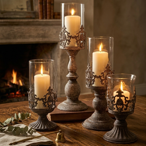 Portavelas Metálico Vintage Estilo Huracán, Bronce Gris Retro, Centro de Mesa <span class=keywords><strong>para</strong></span> Bodas y Navidad, Hecho a Mano, Ecológico, con Protector de Vidrio - Product Image 1