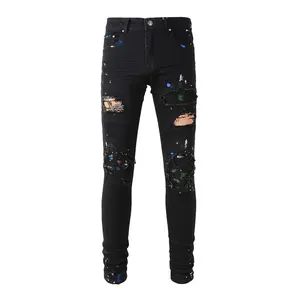 Rts For Drop Shipping 889 High Street Graffiti Original Hip Hop Damaged Jeans Ripped Black Paint Splash Splatter Men'S Jeans