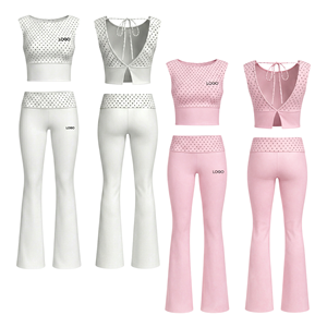 Ensemble 2 pièces OEM personnalisé avec logo pour <span class=keywords><strong>femme</strong></span> : Haut court dos nu à pois et pantalon évasé <span class=keywords><strong>taille</strong></span> haute – Tenue décontractée pour l'entraînement – Vente en gros - Product Image 1
