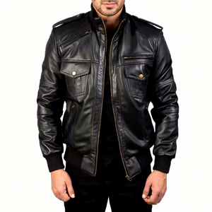 Mens Real Black Leather Bomber <b>Jacket</b> Stand Collar Epaulets Flap Zip Pockets <b>Sheepskin</b> Biker Coat Custom Cargo Winter Outerwear - Product Image 1