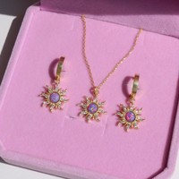 Parure de bijoux fantaisie en zircon, opale et diamant, collier pendentif soleil, boucles d'oreilles et bague pour femme