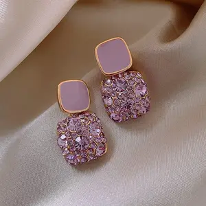 Classy S925 Silver Needle Purple Colour Zircon Crystal Rhinestone Grape Square Earrings