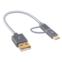 Kabel USB 2.0 ke Micro dengan Adaptor USB Type-C Male ke Micro USB B Female 2 in 1 Kabel Charger Anyaman Aluminium