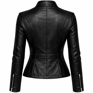 Blouson moto noir en cuir véritable brodé extensible pour femme, manches longues, col montant, fermeture éclair, coupe ajustée, idéal pour l'automne - Product Image 2