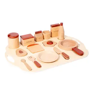 Natural Early Educational play house Wooden Breakfast 15pcs brunch set Toys Children Wooden Baking Set Toy For Kids