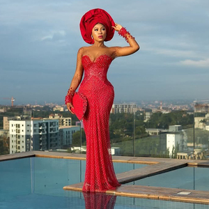 Vestidos de noche personalizados con cuentas brillantes Aso Ebi, tallas grandes, con cristales, mangas largas, vestidos de fiesta de boda tradicionales africanos - Product Image 4