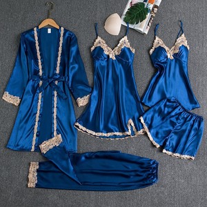 Pyjamas d'été en <span class=keywords><strong>satin</strong></span> pour femmes ensemble de peignoirs grande taille XL soie glacée vêtements de maison sexy avec jupe à bretelles ensemble de 5 pièces à manches longues - Product Image 2