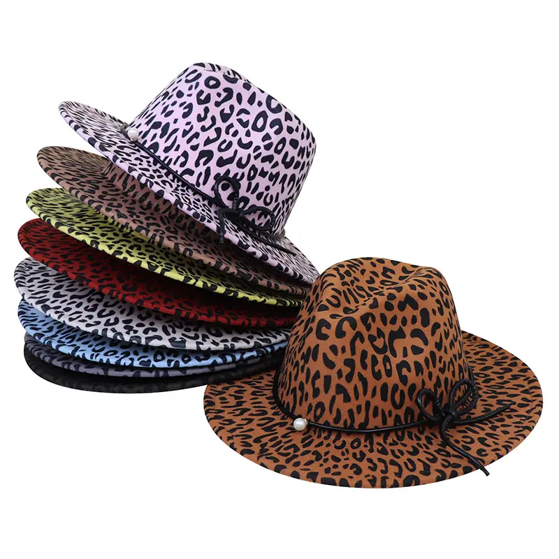 Leopard Hats Chain Accessory Solid Color Wool Felt Fedora With pearl Chain Fall Colors Winter Black