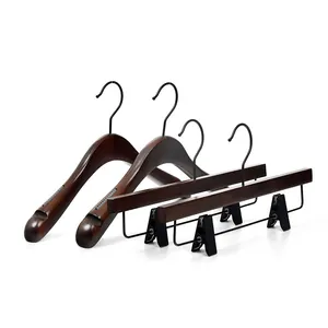 Manufacturer Custom logo Brand Luxury Black Walnut Wooden Baby Suit Clothes Hangers with Clips