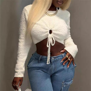 <span class=keywords><strong>Pull</strong></span>-over en polyester pour femme, style coréen personnalisé, coupe moulante, manches longues ajourées, col ras du cou, avec lacets, en peluche courte - Product Image 1