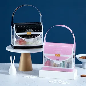 Kotak permen macaron bening kantong plastik kemasan kue manis kue hitam tas hadiah dengan pegangan