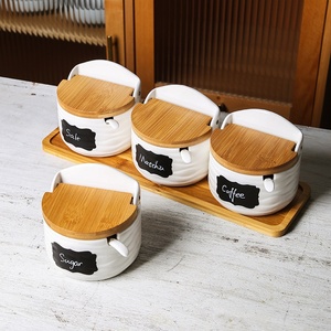 Juego de recipientes para condimentos de cocina, con tapas abatibles de cerámica, tarro de sal, botella para especias, tapas de madera de bambú, vajilla personalizable - Product Image 1