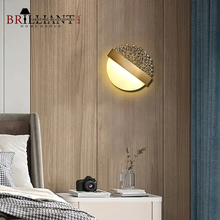 Nuovo prodotto soggiorno camera da letto applique da parete Art decorativo ramo in ottone Semi-circolare lampada da parete in marmo alabastro