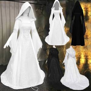 Vestido Largo Medieval Renacentista para Mujer Adulta, Disfraz de Halloween de Bruja Pagana, Vestido con Capucha para Damas - Product Image 1