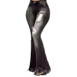 Pantalones vaqueros acampanados de mezclilla perforada lavada de moda al por mayor para mujer, de talle alto, estilo skinny - Product Image 2