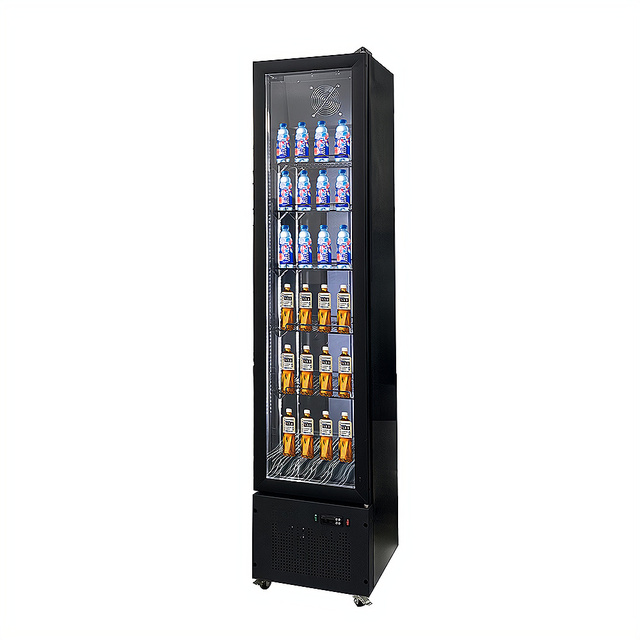 Compact Glass Door Drink Cooler, Commercial Slim Upright Display Refrigerator with Fan Cooling for Mini Market and Retail Store