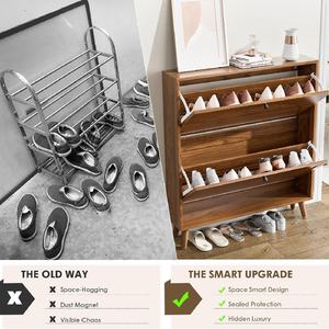 Meuble à chaussures autoportant en bois massif, organisateur de chaussures dissimulé, rangement moderne pour salon, 2 tiroirs rabattables, mobilier de maison facile à assembler - Product Image 6