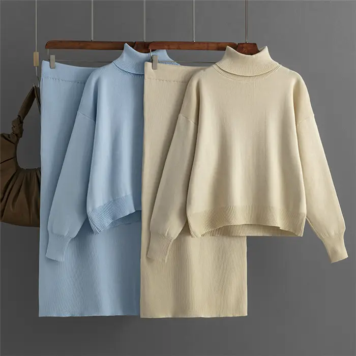 Wholesale fashion elegant knitting suit women's new solid color turtleneck long-sleeved sweater bud skirt two-piece suit
