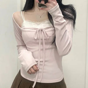 French Girl Layered Long Sleeve Tee <b>Off</b> <b>Shoulder</b> <b>Lace</b> Patchwork Slim Fit Women Vintage Chic <b>Top</b> - Product Image 2
