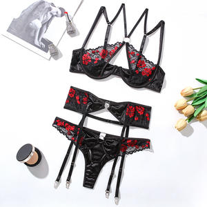 New Women's Sexy Underwear Set Lace Mesh Embroidered Flower <b>Black</b> Gathering Underwear Three Piece Set - Product Image 4