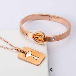 Titanium Steel Lock Heart <b>Bracelet</b> Necklace <b>Set</b> Rose Gold Women's Gift Jewelry - Product Image 3