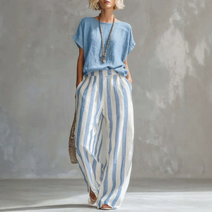 Ensemble décontracté pour femmes, pantalon et haut rayés bleus, coupe ample, style européen, pour un usage quotidien, tailles S M L XL 2XL 3XL - Product Image 1