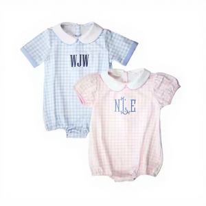 Easter pink Blue Gingham Print Baby Clothes Short Sleeve Peter Pan Collar Baby Boy Girl Onesie Toddler Summer <strong>Coming</strong> <strong>Home</strong> <strong>Outfit</strong> - Product Image 1