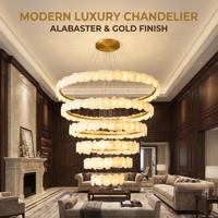 Lustre long multicouche en albâtre naturel, lumière LED chaude, cadre métallique personnalisé, lampe suspendue à intensité variable pour villa et escalier