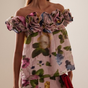 2027 <span class=keywords><strong>Blouse</strong></span> Femme Été Décontractée <span class=keywords><strong>pour</strong></span> les Vacances, à Volants Floraux 3D, Épaules Dénudées, Imprimé Grandes Fleurs Aquarelle, Dos Élastique Froncé - Product Image 2