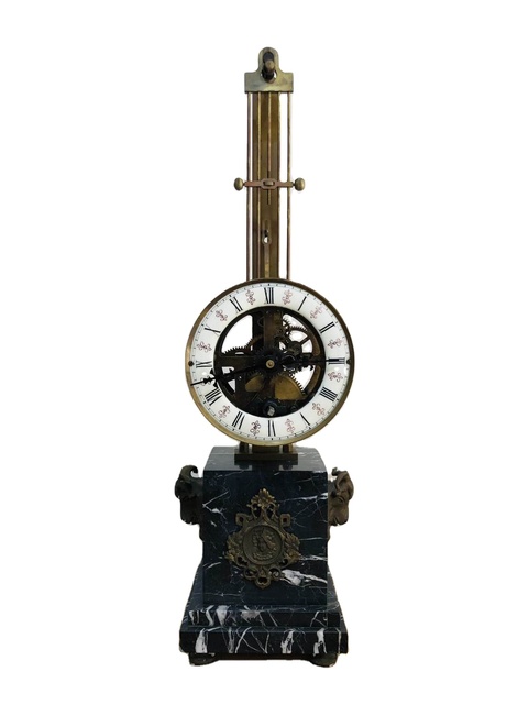 Mystery Antique Pinwheel Upside Down Skeleton Hanging Swing Pendulum Mechanical Clock with Brass Beast Head Marble Base