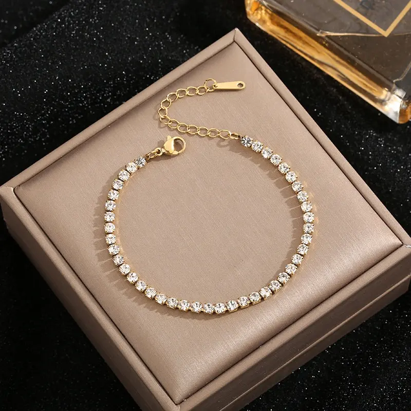 Wholesale Jewelry Hip Hop Round Diamond Stainless Steel Women Mens Gold Color Cz Tennis Chain Bracelets Jewelry