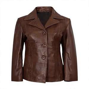 Brown Genuine <b>Leather</b> Women's <b>Blazer</b> Turn-down Collar Zipper Closure Full Sleeve Solid Woven Winter Summer Autumn Wear - Product Image 1