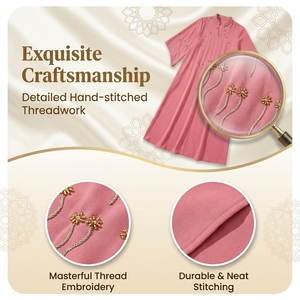 Robe longue élégante et modeste rose tissée brodée à manches longues coupe ample pour femme, idéale pour le quotidien et les boutiques décontractées - Product Image 3