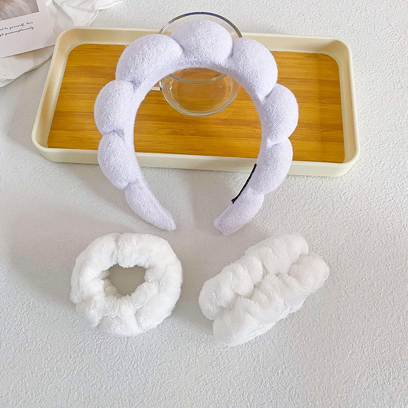 Custom Terry Towel Cloth Spa Wrist Washband Face Wash Set Puffy Sponge Makeup Elastic Hairband Non Slip Padded Soft Headband