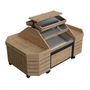 Highbright Combination Wooden Produce Display Island <b>Stand</b> With Stainless Steel Tiered Trays for Supermarket and Retail Stores - Product Image 1